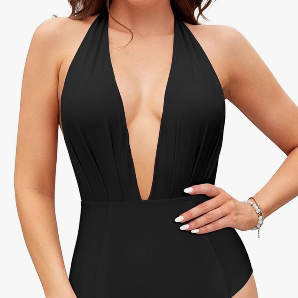 Elegant Black Halter One-Piece Swimsuit - Picture 1 of 4